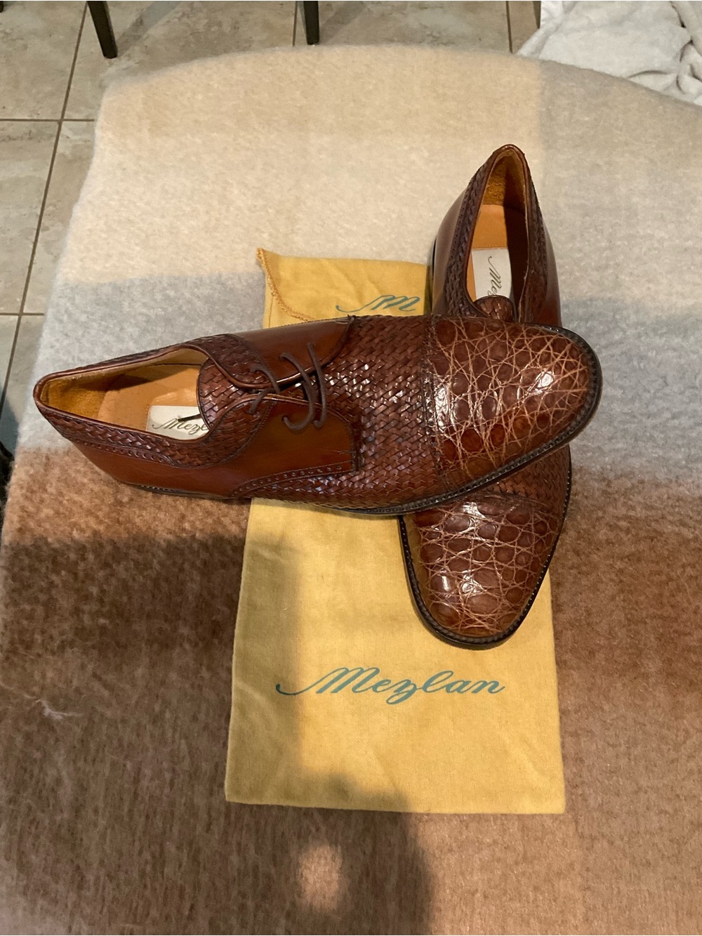Mezlan Genuine Crocodile & Hand-Woven Leather Dress Shoes Cognac Brown 10M